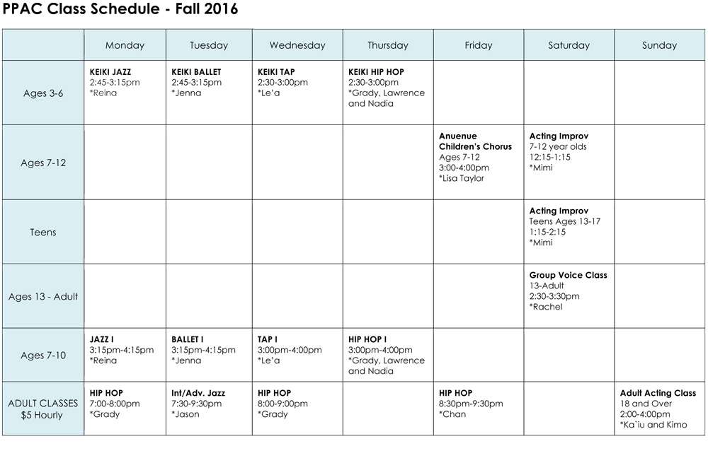 schedule of classes fall 2016 paradise performing arts center